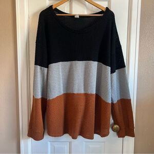 Sew In Love Black and Orange Color block Crew Neck Sweater